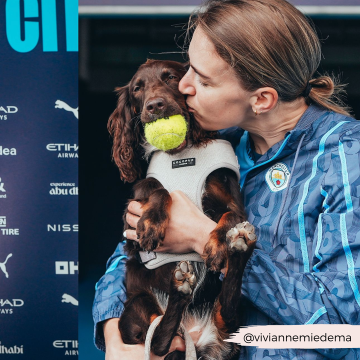 A woman in a blue patterned jacket is holding and kissing a brown dog wearing a Brown Tweed Adjustable Neck Harness from Cocopup London. The dog is holding a yellow tennis ball in its mouth, and the social media handle '@vivianniemiedema' is displayed in the corner.