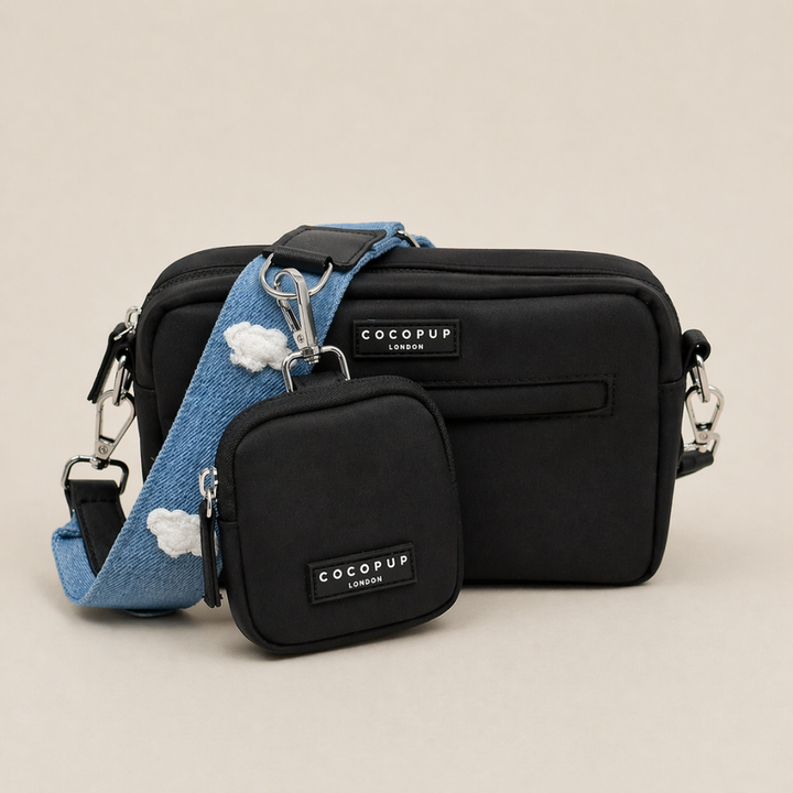 Cocopup London Cloud Nine dog walking bag set with matching treat pouch and blue cloud-patterned strap on beige background.