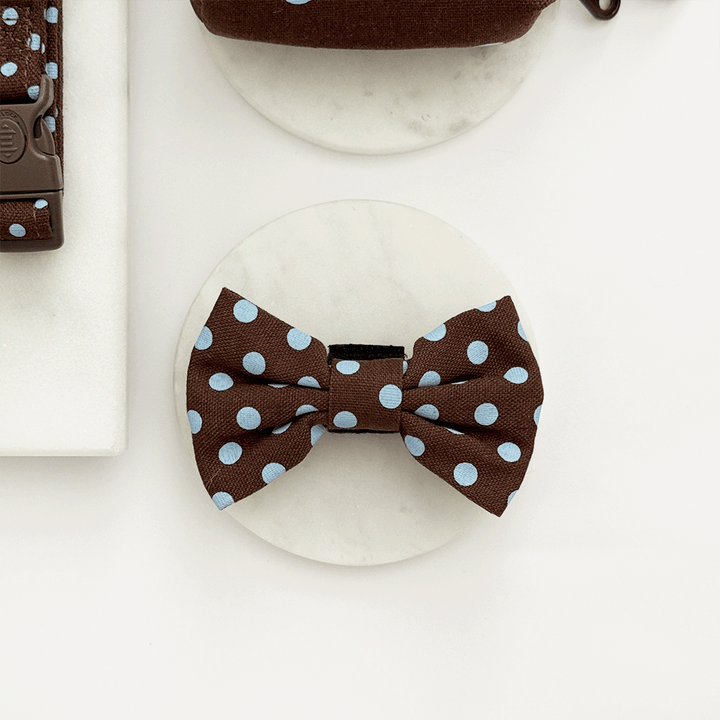 A brown dog bow tie with light blue polka dot design. With velcro fastening.