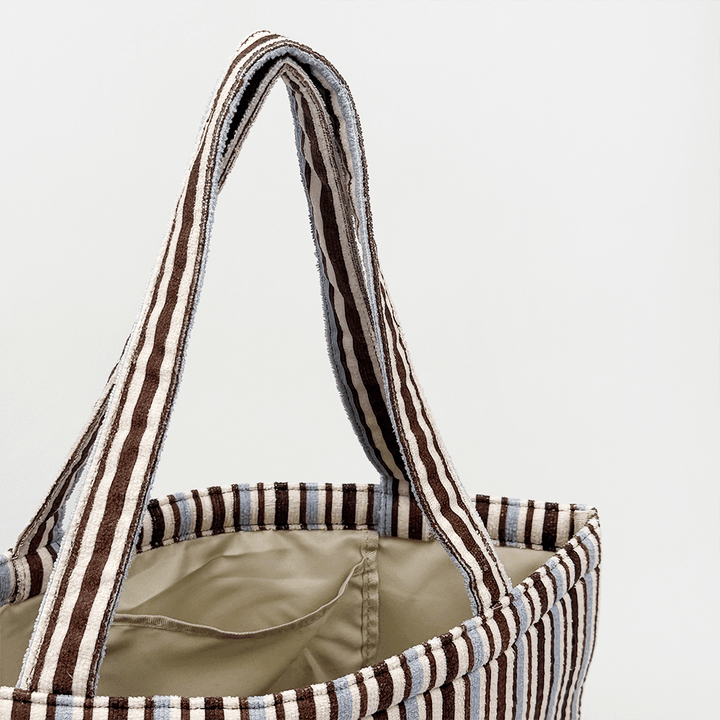 Brown, white and blue striped Tote Bag with inside pocket.