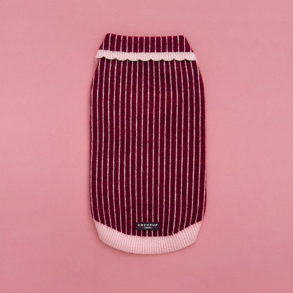 Knitted dog jumper in burgundy with thin baby pink vertical stripes, featuring a pink collar with scalloped edging.