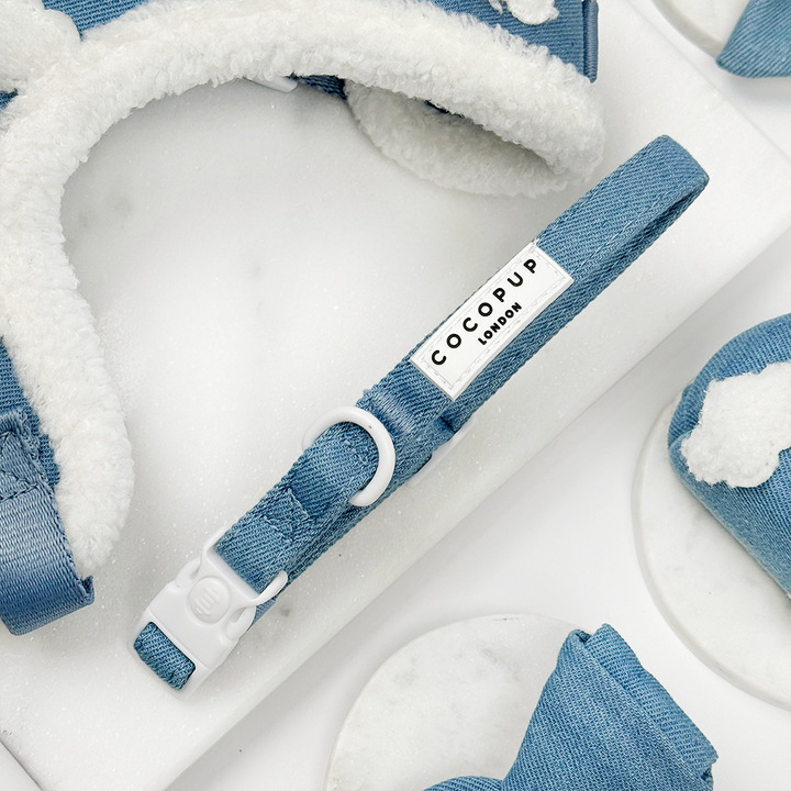Blue denim dog collar with Cocopup label on a white background