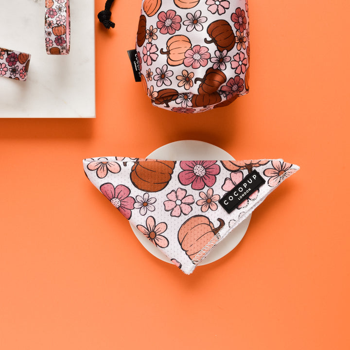 Description: The Pup-kin Meadow Bandana from Cocopup London boasts a charming floral and pumpkin pattern. It features a black "Cocopup" tag and is displayed elegantly on a white circular plate against an orange background. A matching dog waste bag holder and leash are partially visible at the top and left side of the image.