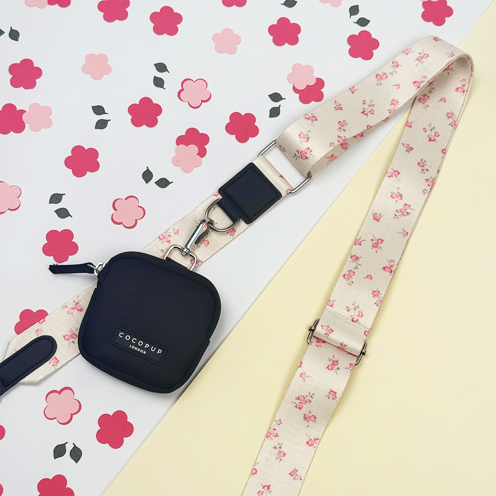 Floral Bag Strap with a Cocopup Treat Pouch attached.