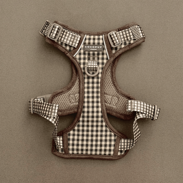 Check design dog Harness in neutral brown shades, with Cocopup branding.