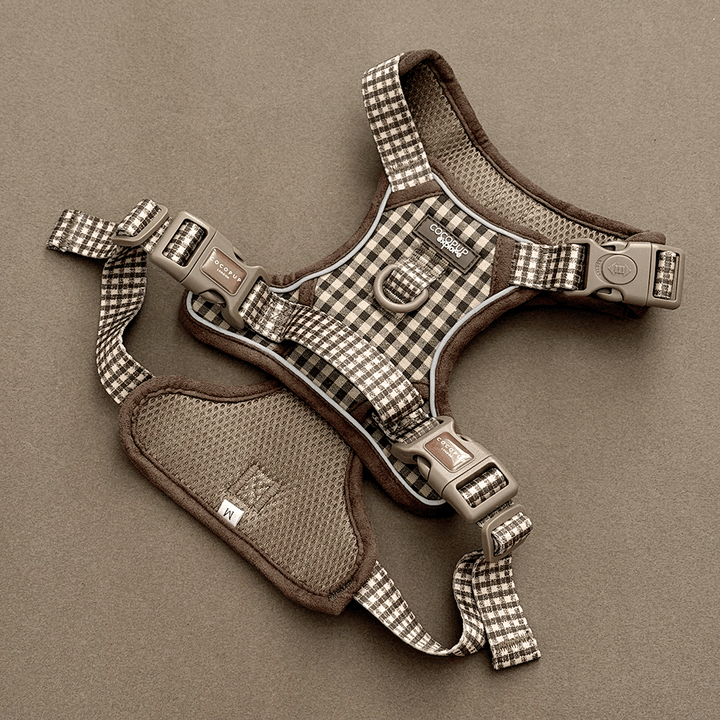 Check design dog Harness in neutral brown shades, with Cocopup branding.