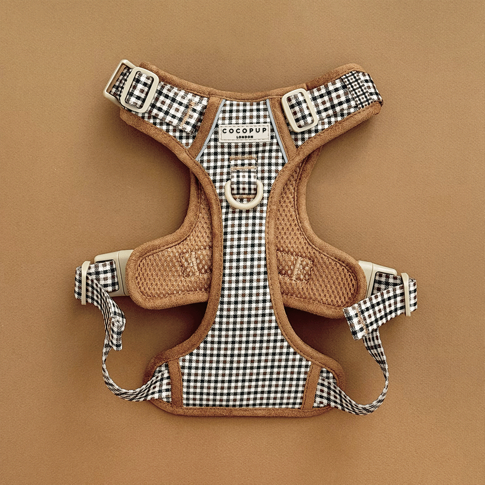 Plaid design dog Harness set in neutral brown shades, with Cocopup branding.