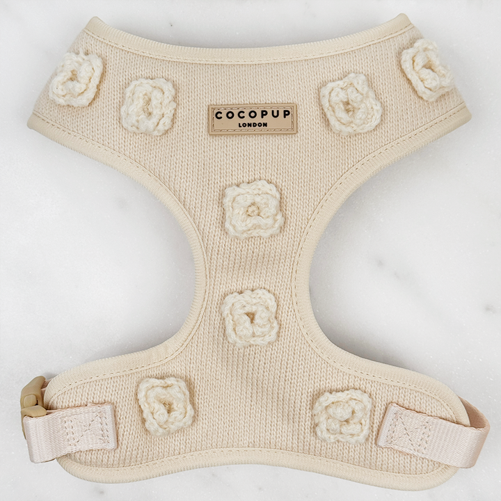 Cream dog harness with Cocopup logo and cream knitted flowers added as decals.