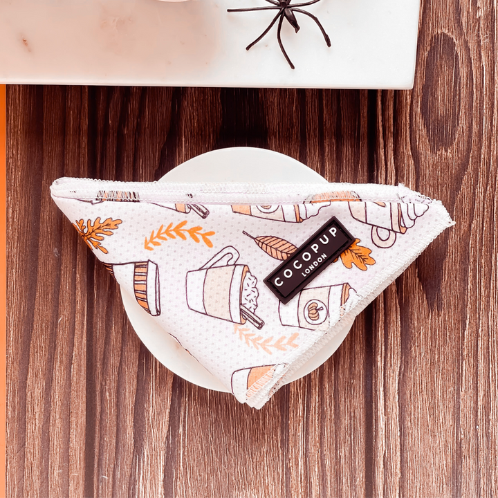 The Autumn Puppuccino Bandana by Cocopup London, featuring fall-themed illustrations such as leaves and coffee cups, is partially folded on a ceramic plate with a faux spider nearby, all set on a white surface. The setup rests on a wooden table.