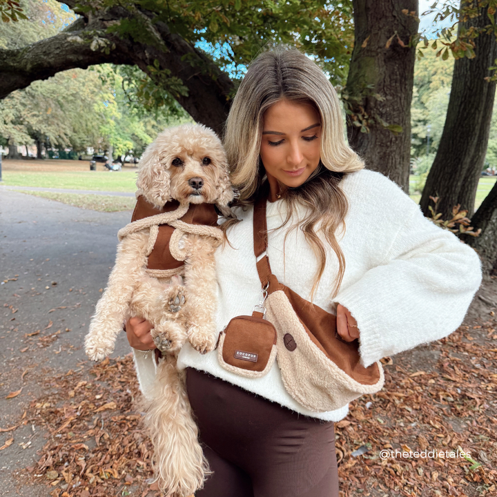 A woman in a white fuzzy sweater and brown leggings carries a small cream-colored poodle dog wearing a matching brown and cream pet harness and crossbody bag outdoors in a park.