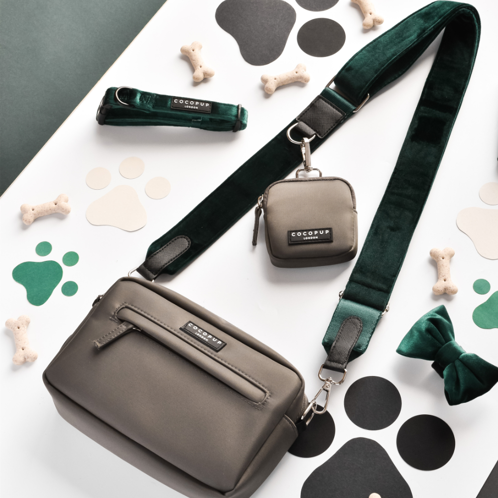 Forest green velvet dog walking bundle with treat pouch, paw print and bone pattern, and a matching green bowtie.